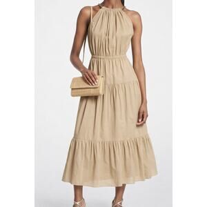 Michael Kors Khaki Gold Chain Halter Organic Stretch Cotton Midi Dress Tiered